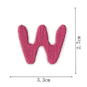 Detailed view of a cute pink embroidered letter W patch, showing clear dimensions for DIY crafts.