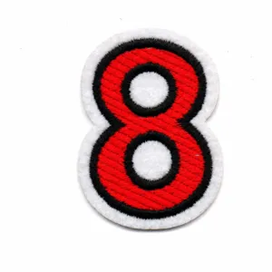 Close-up detail of the number 8 embroidered patch with clean red and black stitching.