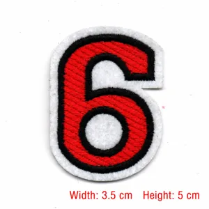 Embroidered number 6 patch, red and black iron-on applique badge for clothing decoration.