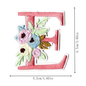 Embroidered letter E patch with floral design, DIY decorative applique for clothing and bags.