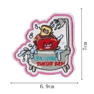 Cartoon toaster in bathtub embroidered patch, funny diy cloth badge for jacket jeans.