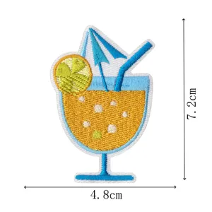 Close-up detail of the colorful cocktail embroidery patch showing precise dimensions of 4.8x7.2cm.