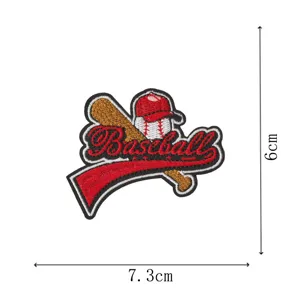 Baseball theme embroidered cloth patch featuring hat and bat motif, 7.3x6cm size for clothes.