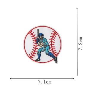 Close-up detail of the round baseball batter embroidered patch with clear dimension measurements.