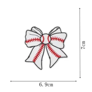 Baseball bow embroidered patch detail showing height of 7cm and width of 6.9cm clearly.