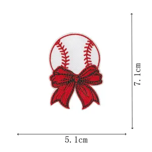 Baseball bow embroidery patch detail view, fabric applique badge with hot melt glue backing.