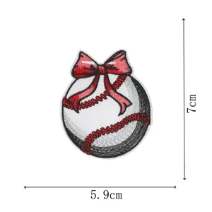 Baseball bow embroidery patch detail view, showing size dimensions and precise stitching craftsmanship.