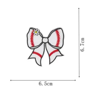 Baseball bow embroidery patch with cute daisy detail, size specifications shown, DIY clothing.