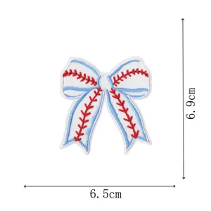 Baseball bow embroidered patch, white blue edge with red stitching, 6.5x6.9cm iron-on badge.