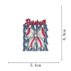 Baseball MAMA embroidered patch detail shot, premium bow design with iron-on adhesive backing.