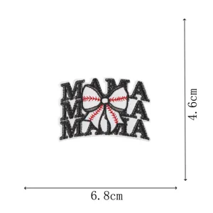 Baseball MAMA embroidered iron-on patch, baseball bow badge appliqué, detail view.