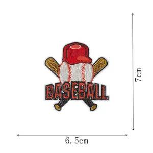 Close up detail of baseball embroidery patch featuring red cap and size dimensions.
