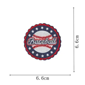 Baseball embroidery patch detail, circular embroidered badge with star pattern and red border.