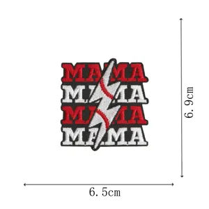 Embroidered patch detail, red and white MAMA letters with baseball lightning bolt design.