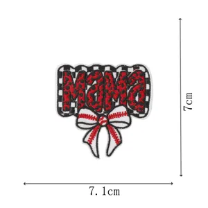 Baseball MAMA embroidered patch with red leopard print and bow, DIY clothing accessory size 7x7.1cm