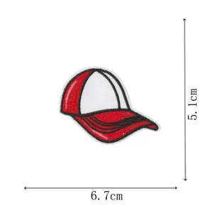 Red and white baseball cap embroidered cloth patch detail view, perfect for apparel.
