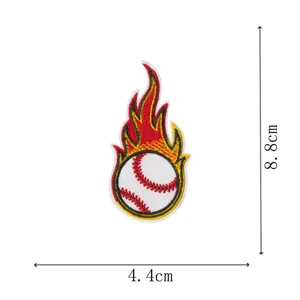 Flaming baseball embroidered patch detailed view showing 8.8x4.4cm dimensions for DIY clothing.