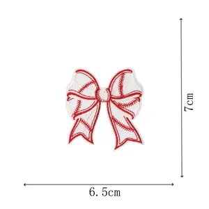 Baseball bow embroidery patch detail view, measuring 7x6.5cm with iron-on adhesive backing.