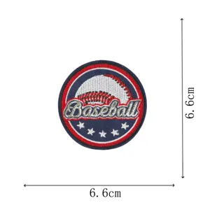 Round baseball embroidered patch with red white blue design and star details for clothing decor.