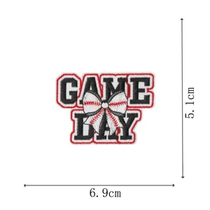Baseball Game Day embroidered patch with bow design, detail view showing size 6.9x5.1cm.