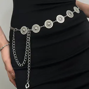 Silver metal waist chain for women vintage hollow engraved round disk dress belt chic accessory