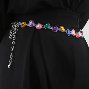 Dopamine style fashion waist chain with colorful rhinestones, exquisite dress decorative belt.