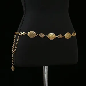 Vintage Metal Waist Chain For Women Retro Carved Oval Flower Pendant Dress Belt Fashion Body Jewelry Accessories