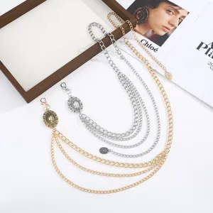 Multi-layer metal waist chain for women, vintage engraved oval plaque dress belt accessory.