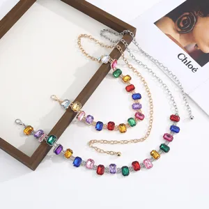 Colorful rhinestone waist chain for women, sweet dopamine style crystal metal chain belt.
