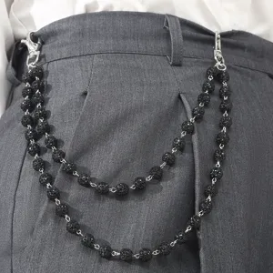 Double-layer black rhinestone pant chain hip-hop waist accessory, stylish and trendy.