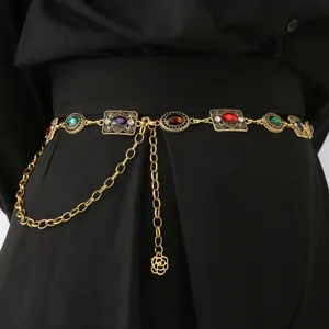 Retro Intagliato Strass Catena da Vita Lusso Vintage Placcato Oro Multicolore Gemma Cintura Corpo Catena Gioielli per Donna Abito