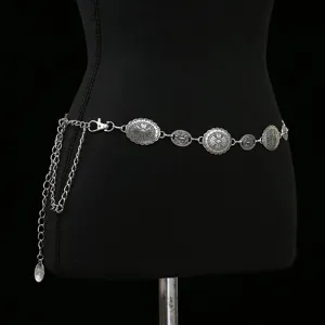 Vintage silver metal waist chain boho coin concho belt for women dress dress accessory.
