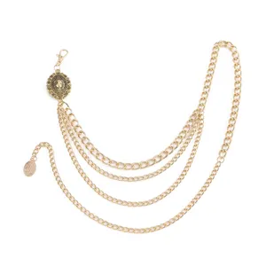 Multi-layer gold chain belt detail, elegant vintage waist accessory for dresses and skirts.
