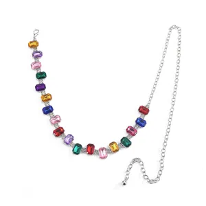 Detailed view of a vibrant dopamine-style colorful rhinestone waist chain for women's dresses.