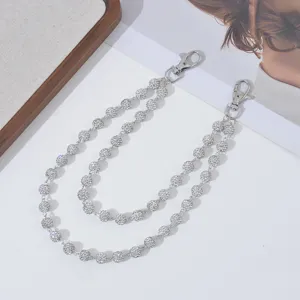 Double layer rhinestone ball pants chain closeup, shining crystal hip hop waist accessory details