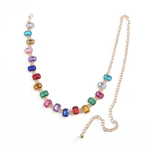 Colorful rhinestone waist chain for women, sweet dopamine style crystal dress belt accessory.