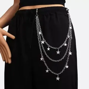Silver metal waist chain featuring multi-layered design and star pendants for hip-hop style.