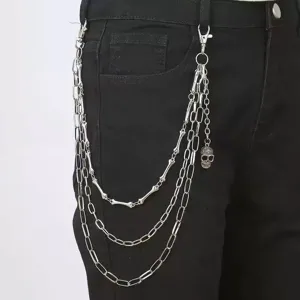 Punk style multi-layer metal pants chain with skull and bone charms for hip-hop streetwear.