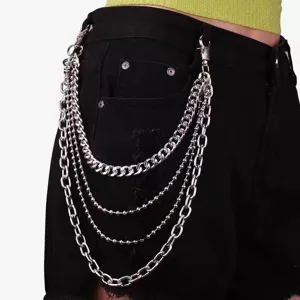 Detailed view of multi-layer silver metal waist chain, cool punk hip-hop pants accessory.