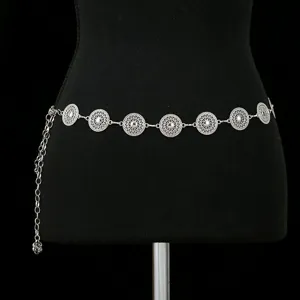 Women Metal Waist Chain Vintage Hollow Carved Disc Flower Pendant Belt Adjustable Dress Pants Chain Fashion Body Jewelry