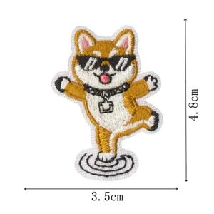 Funny Shiba Inu embroidered patch with sunglasses, cute DIY clothing accessory, 4.8x3.5cm.