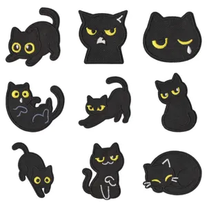Cute black cat embroidered patches set, funny mood cartoon cat iron-on badges for clothes.