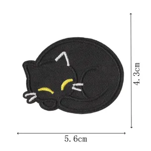 Close-up view of the cute black cat embroidered patch with precise dimension measurements.