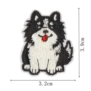 Cute black and white puppy dog embroidery patch detail view, showing precise dimensions.