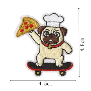 Cute pug chef iron-on embroidery patch with pizza and skateboard, detail size view.