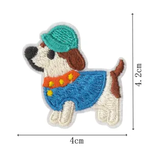 Close up of a cute cartoon dog embroidery patch with vibrant colors and fine stitching details.