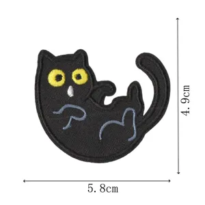 Cute black cat embroidered patch for clothing repair, funny lazy kitten iron-on badge appliques.