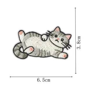 Cute cat embroidery patch for clothing decor, iron-on DIY badge, gray kitten size 6.5x3.8cm