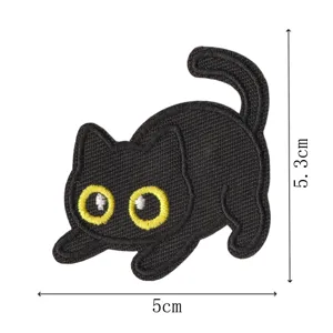 Black cat embroidery patch detail view showing size dimensions and fine stitch texture clearly.