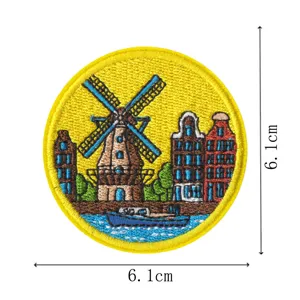 Toppa ricamata mulino olandese rotonda, distintivo in tessuto paesaggistico per fai da te.